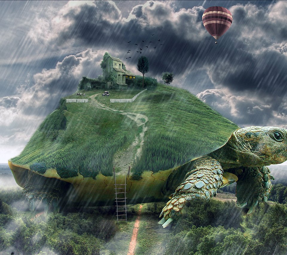 Обои арт, лестница, черепаха, дом, дождь, гигантская, art, ladder, turtle, house, rain, giant разрешение 1920x1200 Загрузить