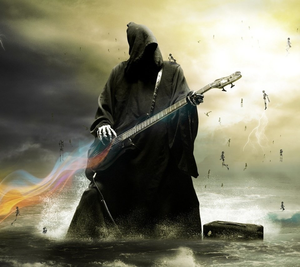 Обои смерть играет на электрогитаре., death plays the guitar. разрешение 2560x1600 Загрузить