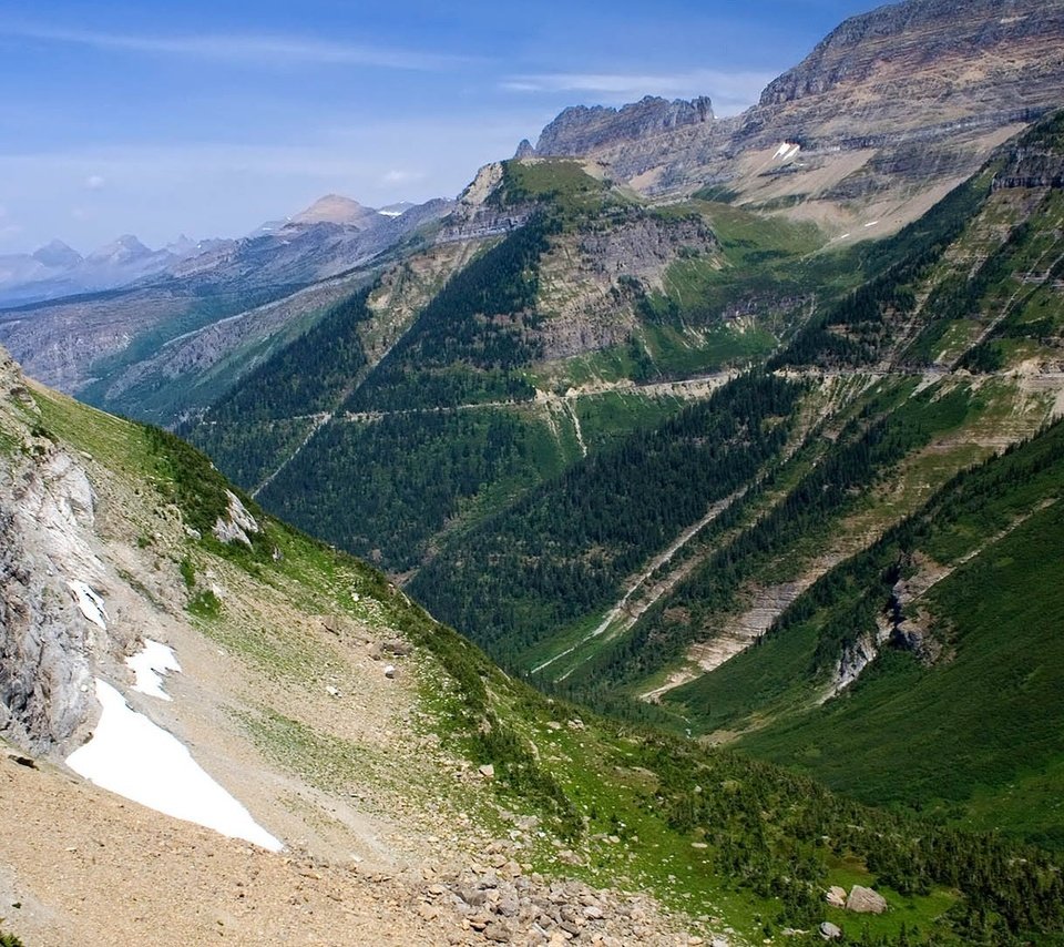 Обои горы, скалы, лес, склон, сша, ущелье, монтана, глейшер, mountains, rocks, forest, slope, usa, gorge, montana, glacier разрешение 1920x1080 Загрузить