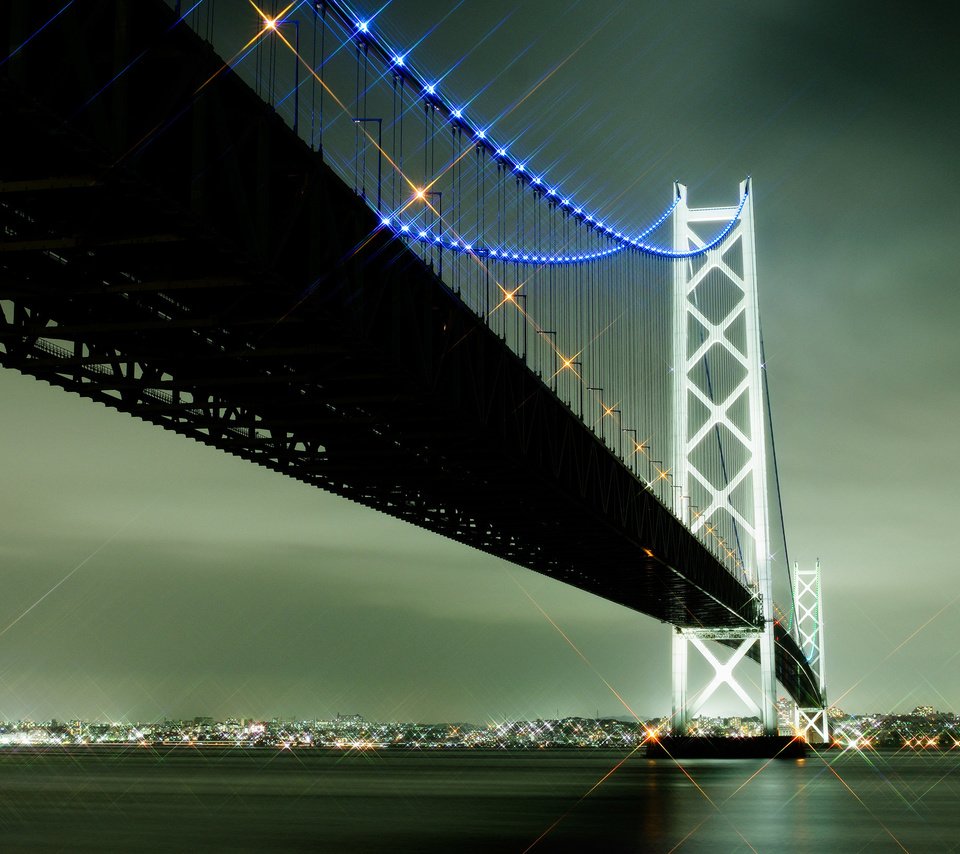 Обои огни, город, япония, акаси-кайке мост, lights, the city, japan, akashi-kaikyo bridge разрешение 2464x1632 Загрузить