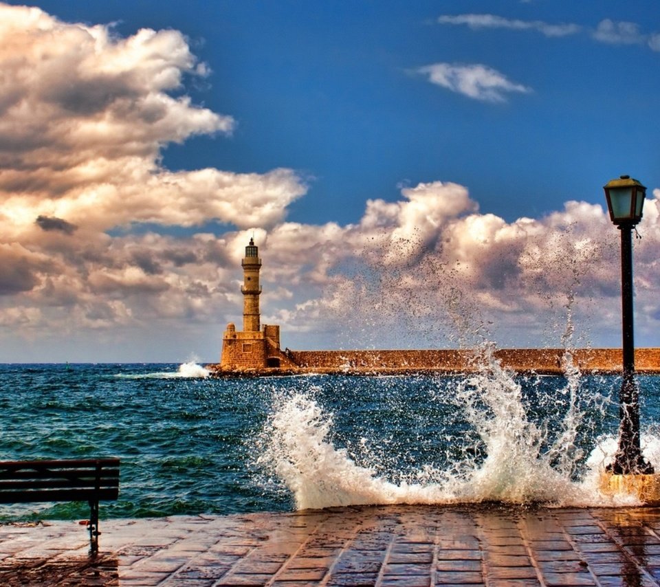 Обои море, маяк, брызги, скамейка, порт, sea, lighthouse, squirt, bench, port разрешение 1920x1080 Загрузить