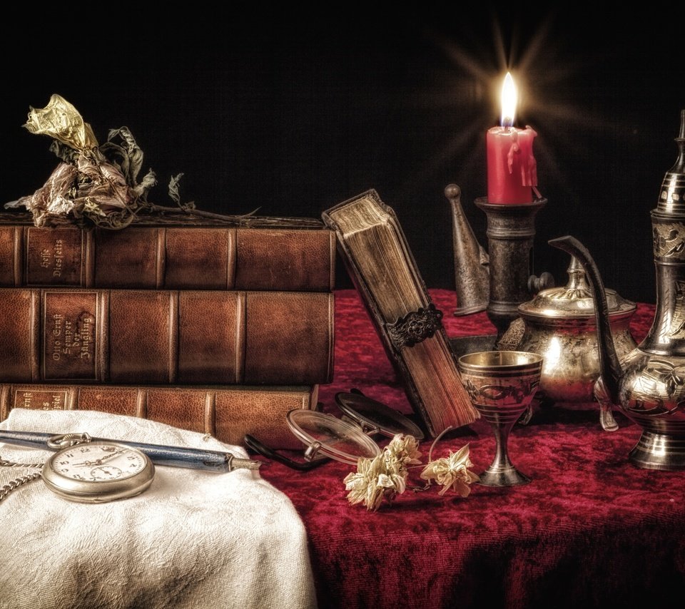 Обои книги, часы, посуда, свеча, натюрморт, books, watch, dishes, candle, still life разрешение 2700x1800 Загрузить