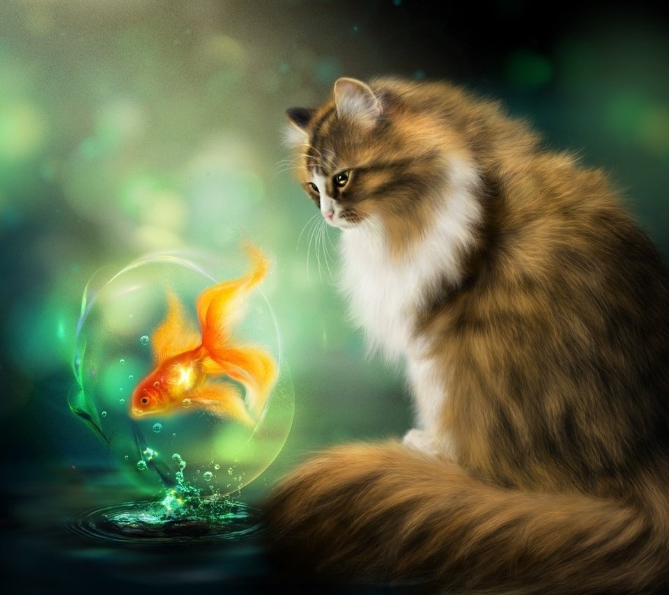 Обои кот, кошка, фотошоп, живопись, золотая рыбка, рыба, нelena, cat, photoshop, painting, goldfish, fish, gb разрешение 1920x1200 Загрузить