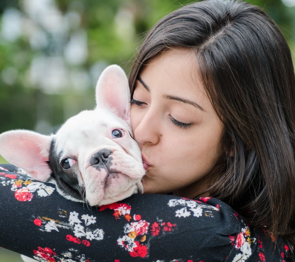 Обои девушка, собака, дружба, французский бульдог, girl, dog, friendship, french bulldog разрешение 2560x1600 Загрузить