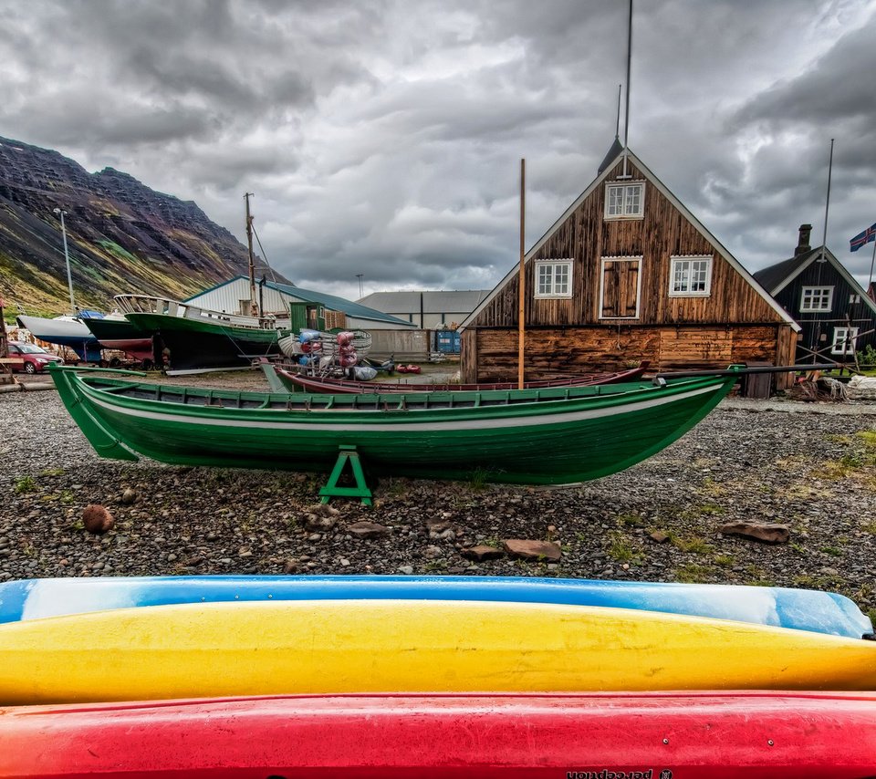 Обои пейзаж, лодки, дома, bernard mcmanus, рыбацкий поселок, landscape, boats, home, fishing village разрешение 1920x1080 Загрузить