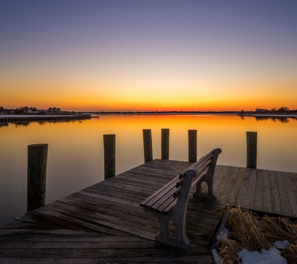 Обои озеро, закат, горизонт, мост, скамья, lake, sunset, horizon, bridge, bench разрешение 2583x1622 Загрузить