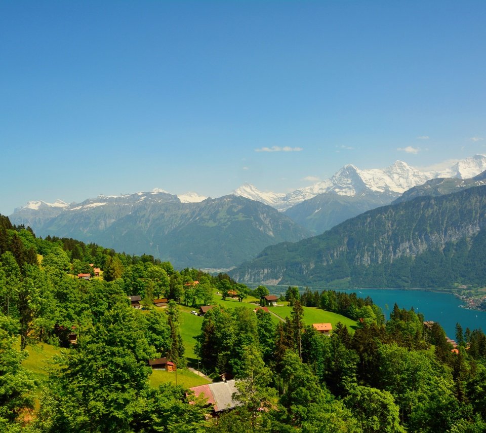 Обои деревья, река, горы, домики, швейцария, beatenberg, trees, river, mountains, houses, switzerland разрешение 3000x2000 Загрузить