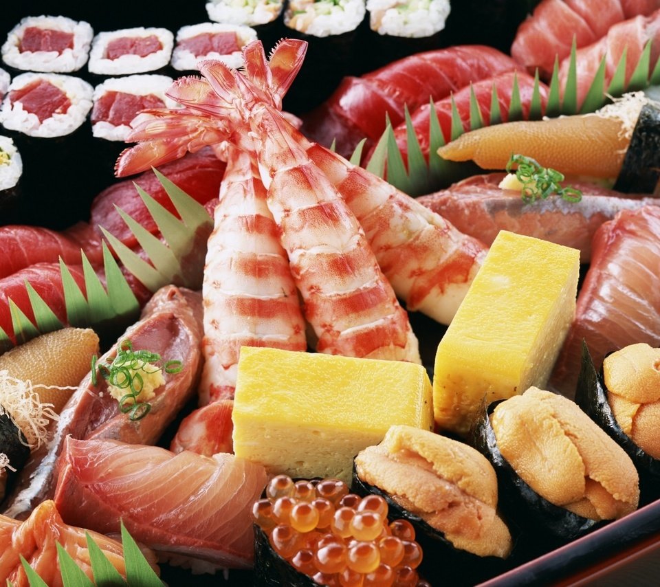 Обои сыр, икра, японская еда, роллы, морепродукты, креветки, блюда, cheese, caviar, japanese food, rolls, seafood, shrimp, meals разрешение 1920x1362 Загрузить