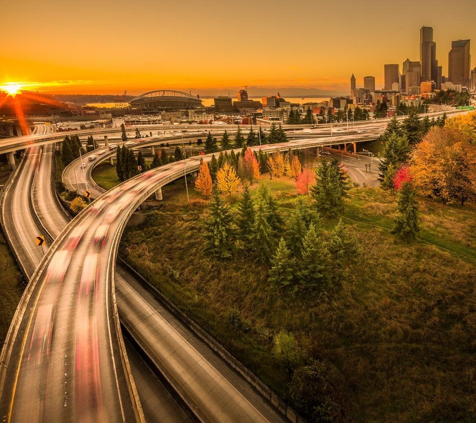 Обои закат, города, мост, город, вашингтон, сша, сиэтл, sunset, city, bridge, the city, washington, usa, seattle разрешение 1920x1241 Загрузить