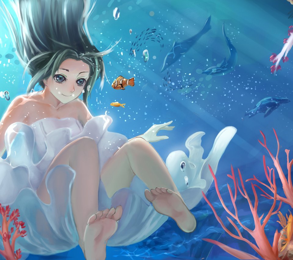 Обои арт, девушка, улыбка, рыбки, пузыри, аниме, под водой, shon, art, girl, smile, fish, bubbles, anime, under water разрешение 2340x1355 Загрузить