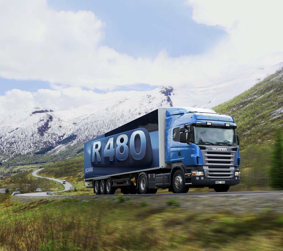 Обои дорога, горы, природа, грузовик, тягач, скания, r480, road, mountains, nature, truck, tractor, scania разрешение 2560x1600 Загрузить