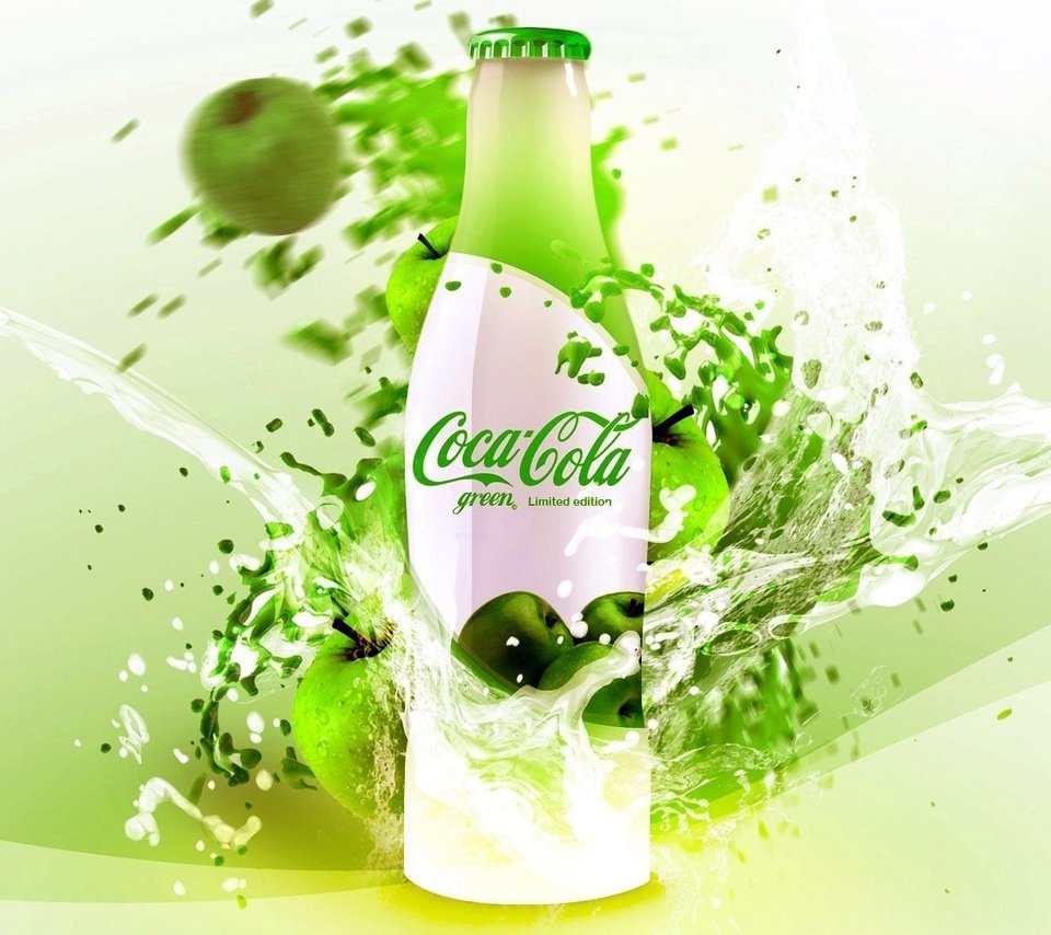 Обои зелёный, напиток, графика, яблоко, бутылка, кока-кола, кола, эппл, green, drink, graphics, apple, bottle, coca-cola, cola разрешение 1920x1200 Загрузить