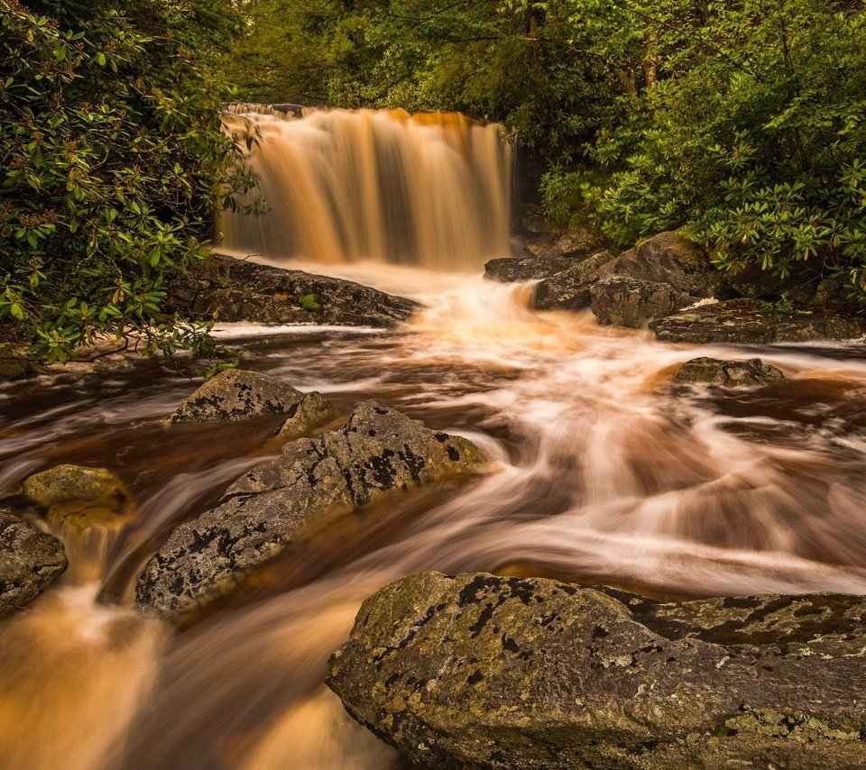 Обои деревья, река, природа, камни, скала, водопад, поток, trees, river, nature, stones, rock, waterfall, stream разрешение 2048x1365 Загрузить