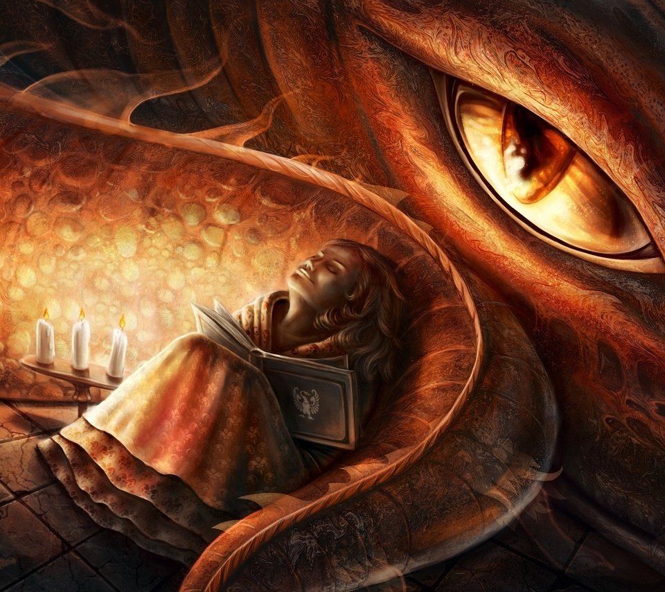 Обои свечи, фантастика, дракон, девочка, глаз, хвост, книга, elena mikhailava, candles, fiction, dragon, girl, eyes, tail, book разрешение 1920x1200 Загрузить