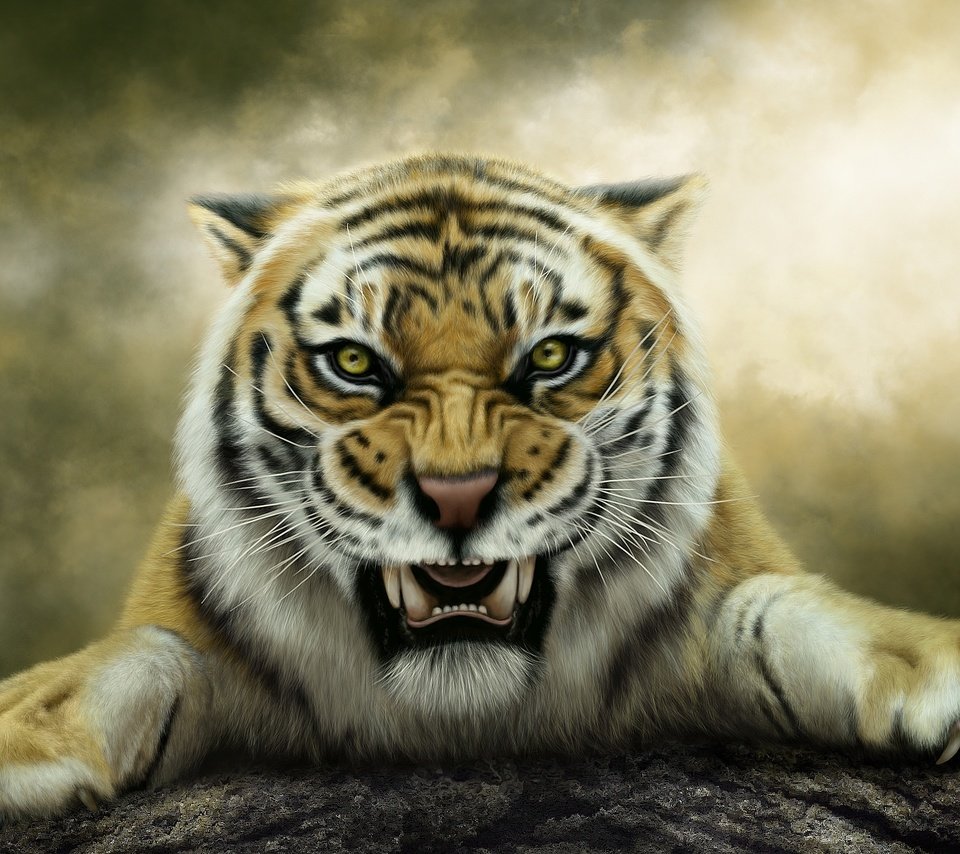 Обои тигр, арт, оскал, tiger, art, grin разрешение 2560x1440 Загрузить