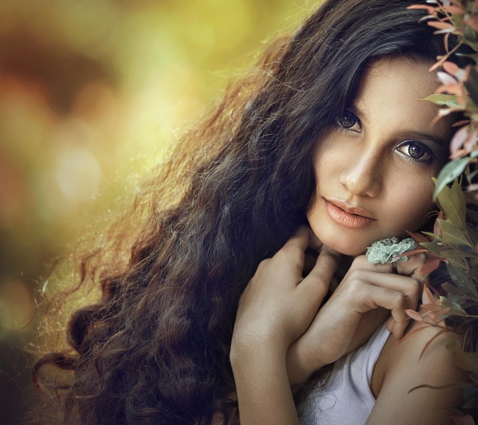 Обои листья, девушка, брюнетка, ветки, взгляд, локоны, leaves, girl, brunette, branches, look, curls разрешение 2048x1366 Загрузить