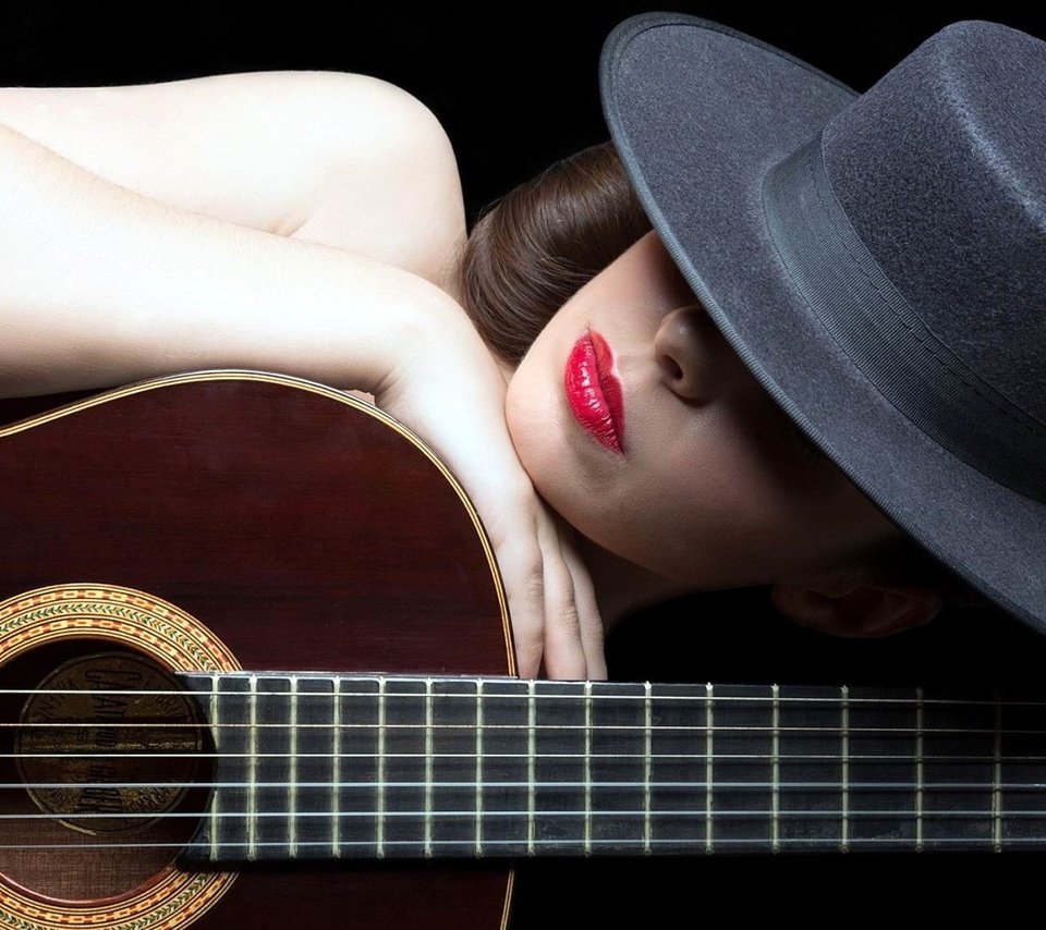 Обои девушка, гитара, шляпа, girl, guitar, hat разрешение 1920x1080 Загрузить