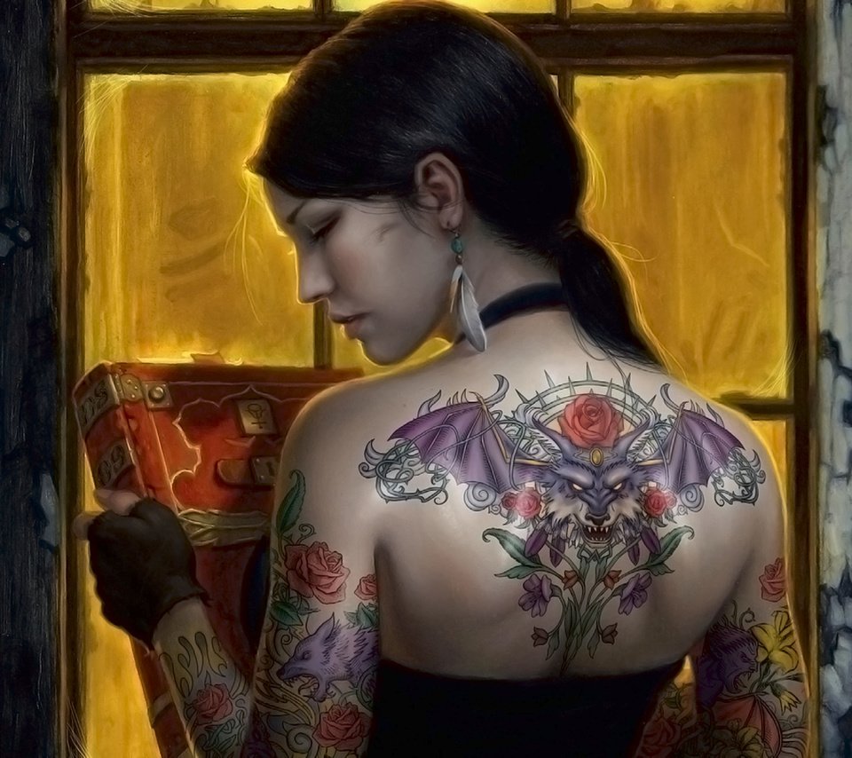 Обои девушка, брюнетка, татуировки, спина, окно, книга, girl, brunette, tattoo, back, window, book разрешение 1920x1200 Загрузить