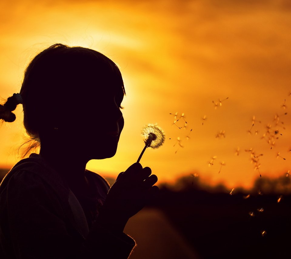 Обои природа, закат, девочка, силуэт, одуванчик, детство, nature, sunset, girl, silhouette, dandelion, childhood разрешение 2560x1600 Загрузить