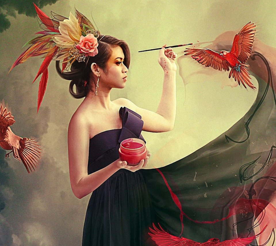 Обои девушка, краска, птицы, кисть, фотоманипуляция, girl, paint, birds, brush, photo manipulation разрешение 3400x1913 Загрузить