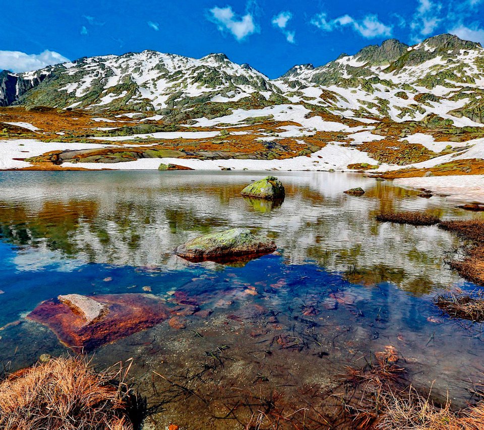 Обои небо, облака, озеро, горы, снег, камни, the sky, clouds, lake, mountains, snow, stones разрешение 1920x1265 Загрузить