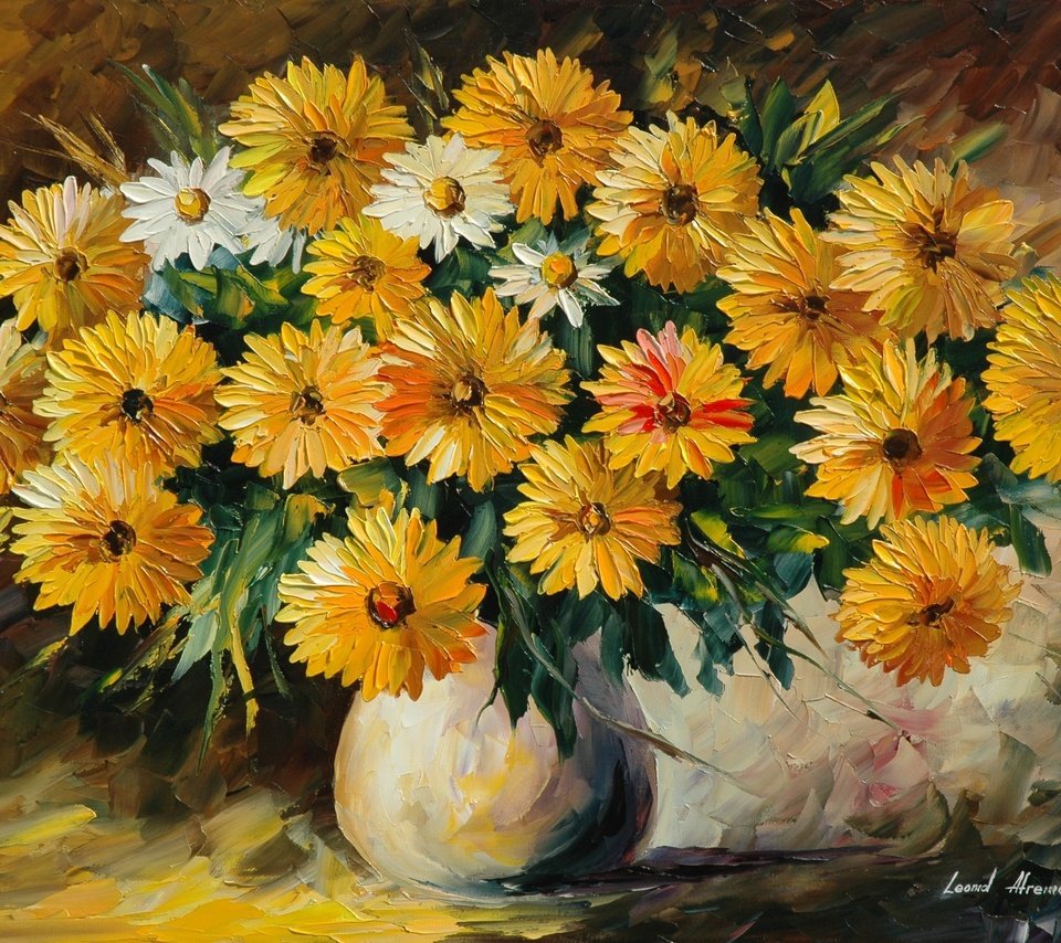 Обои цветы, букет, ваза, живопись, leonid afremov, flowers, bouquet, vase, painting разрешение 2813x1869 Загрузить