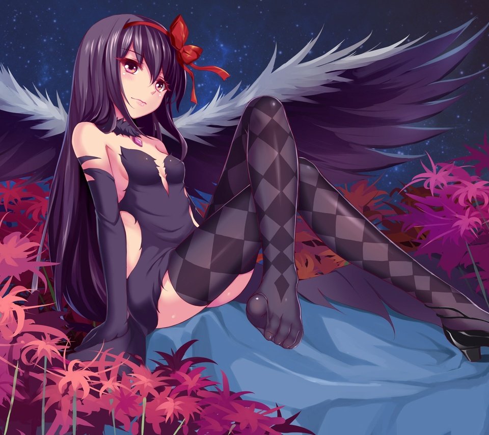 Обои девушка, взгляд, крылья, чулки, akemi homura, mahou shoujo madoka magica, girl, look, wings, stockings разрешение 3507x2480 Загрузить