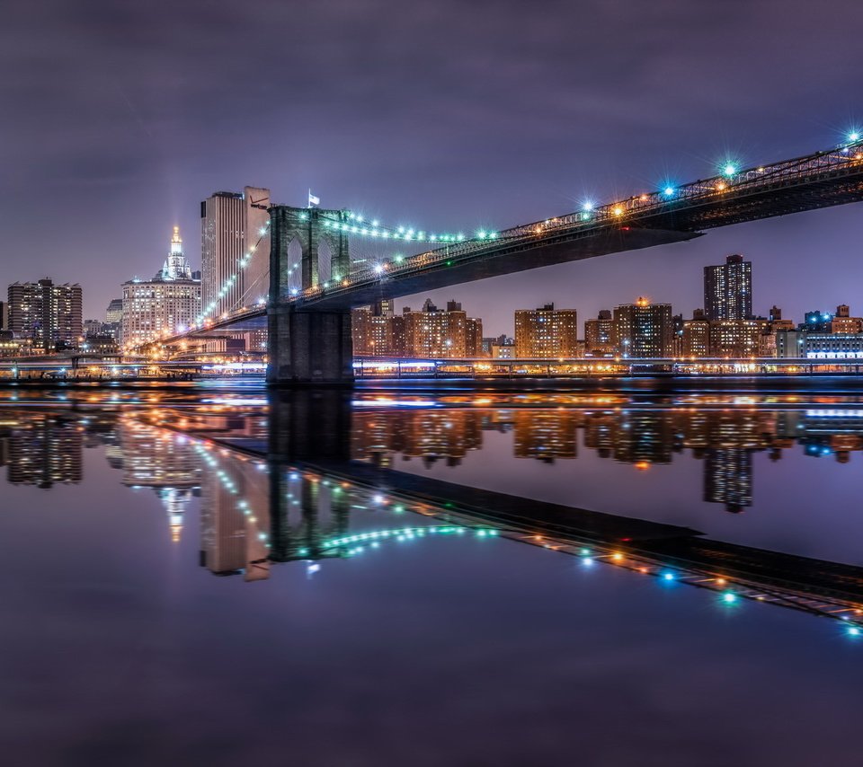 Обои ночь, город, сша, нью-йорк, бруклинский мост, night, the city, usa, new york, brooklyn bridge разрешение 2048x1152 Загрузить
