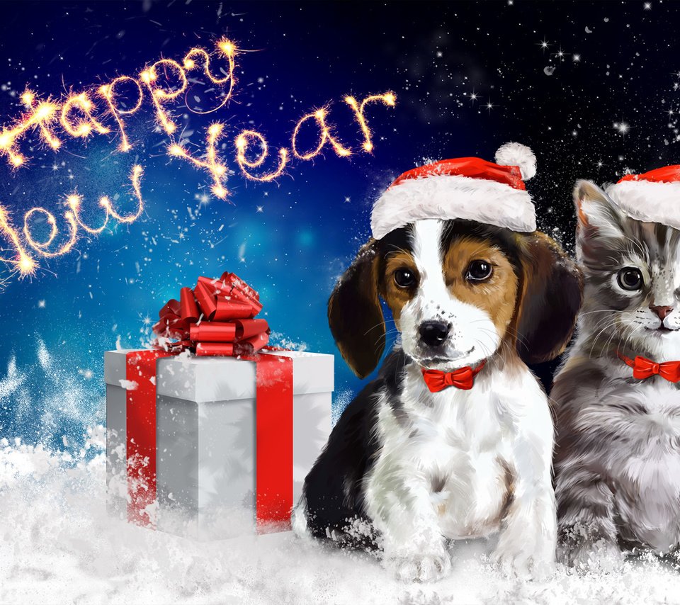 Обои арт, упаковка, снег, с новым годом, новый год, животные, кошка, собака, подарок, бант, art, packaging, snow, happy new year, new year, animals, cat, dog, gift, bow разрешение 1920x1200 Загрузить