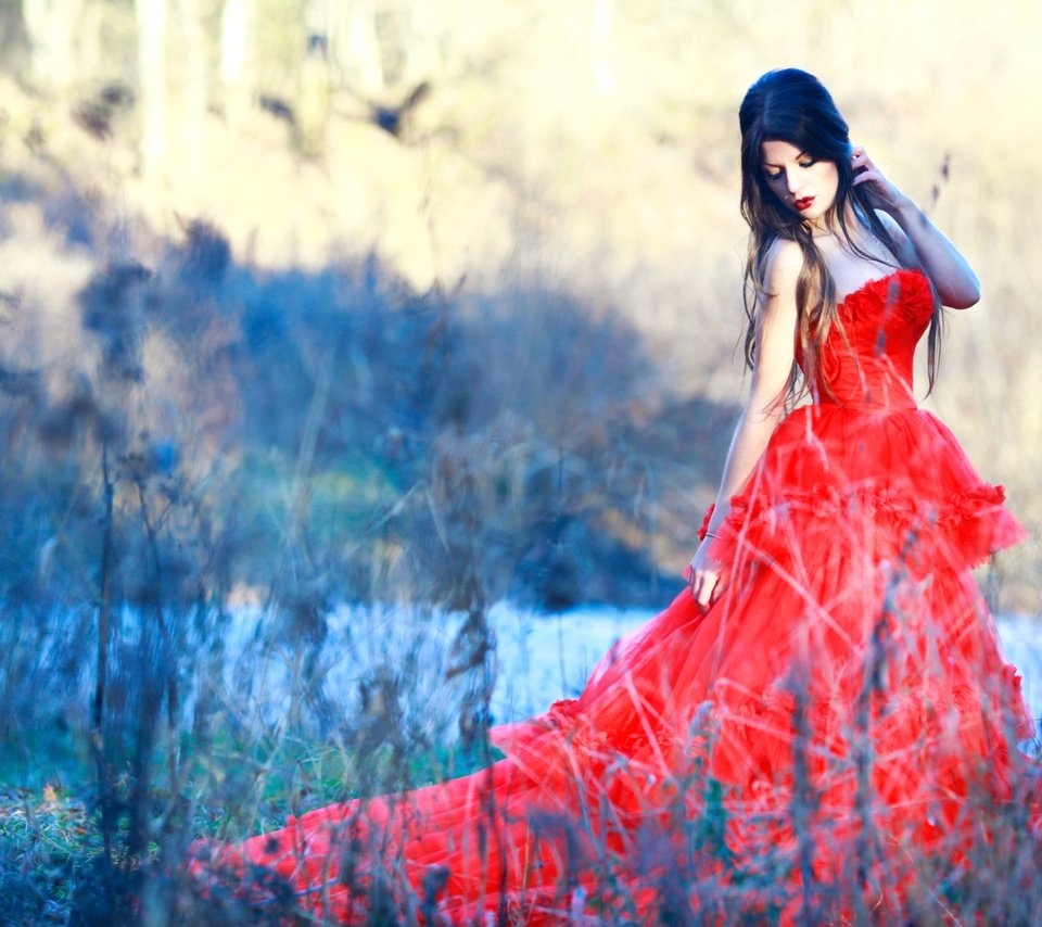 Обои природа, платье, брюнетка, красное, nature, dress, brunette, red разрешение 1920x1280 Загрузить