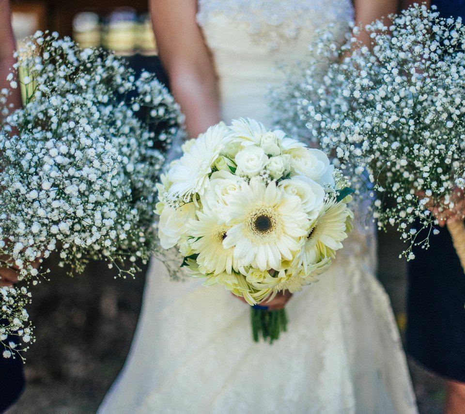 Обои цветы, белые, невеста, свадебный букет, подружки невесты, flowers, white, the bride, wedding bouquet, bridesmaids разрешение 6016x4016 Загрузить