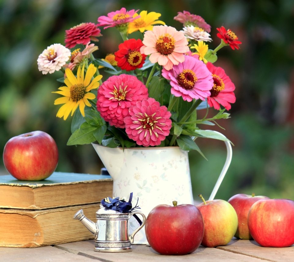 Обои яблоки, книги, букет, цинния, apples, books, bouquet, zinnia разрешение 1920x1280 Загрузить