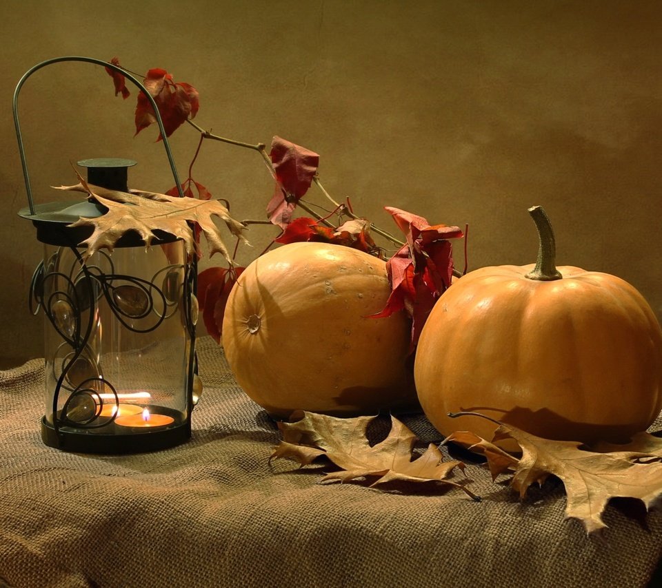 Обои листья, осень, фонарь, тыква, leaves, autumn, lantern, pumpkin разрешение 2000x1306 Загрузить