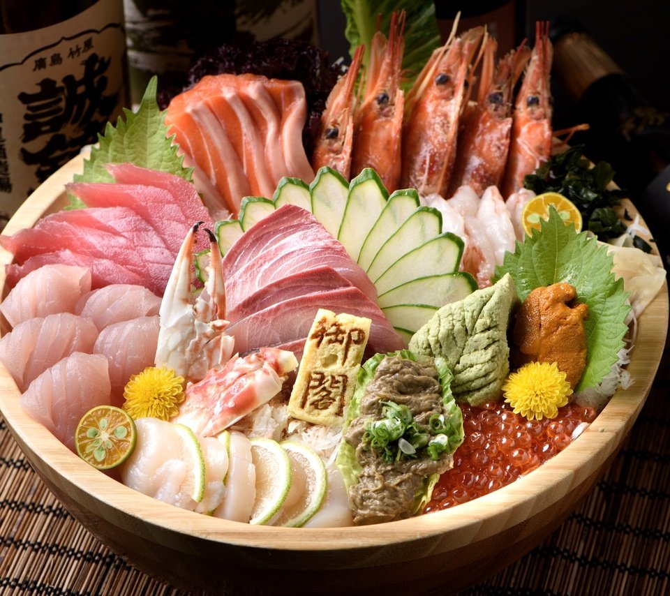 Обои икра, морепродукты, креветки, лосось, ассорти, тунец, caviar, seafood, shrimp, salmon, cuts, tuna разрешение 2048x1340 Загрузить