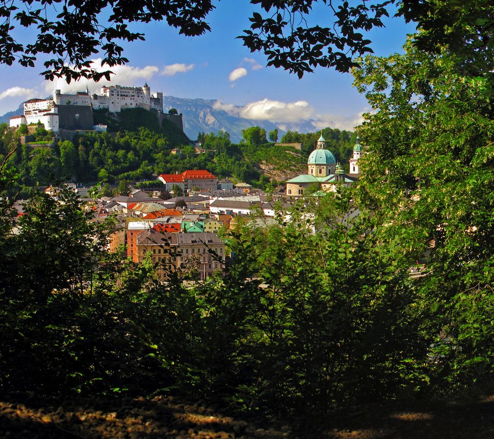 Обои горы, ветки, кусты, замок, город, австрия, дома, зальцбург, mountains, branches, the bushes, castle, the city, austria, home, salzburg разрешение 2850x1800 Загрузить