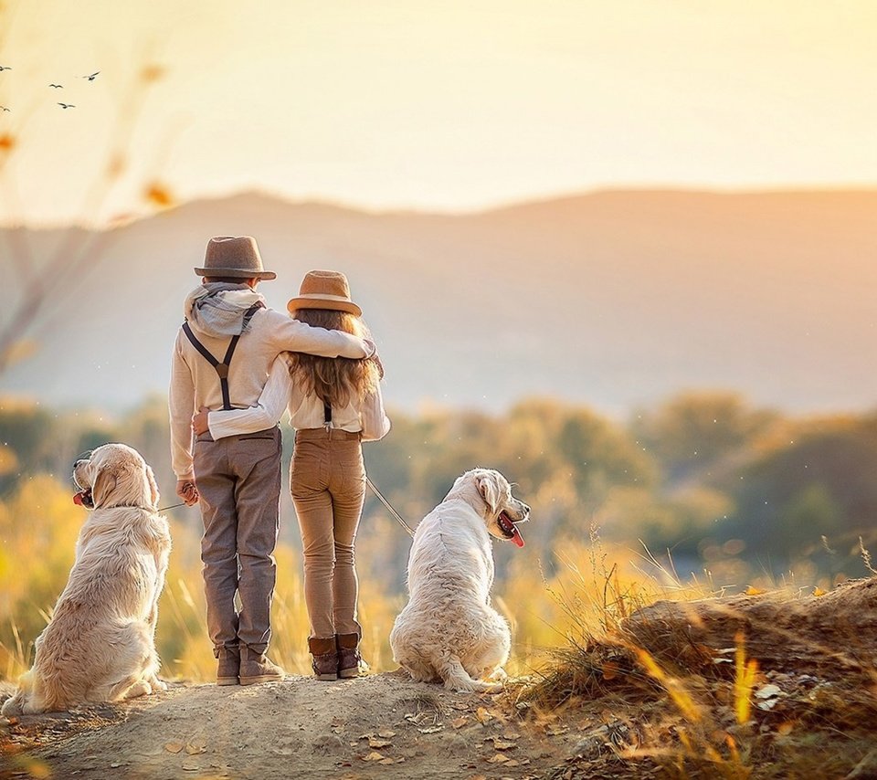 Обои осень, дети, девочка, мальчик, собаки, autumn, children, girl, boy, dogs разрешение 2560x1600 Загрузить