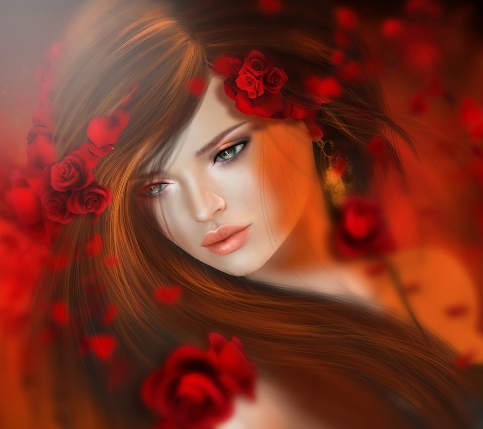 Обои цветы, девушка, брюнетка, розы, красные, волосы, flowers, girl, brunette, roses, red, hair разрешение 1980x1238 Загрузить