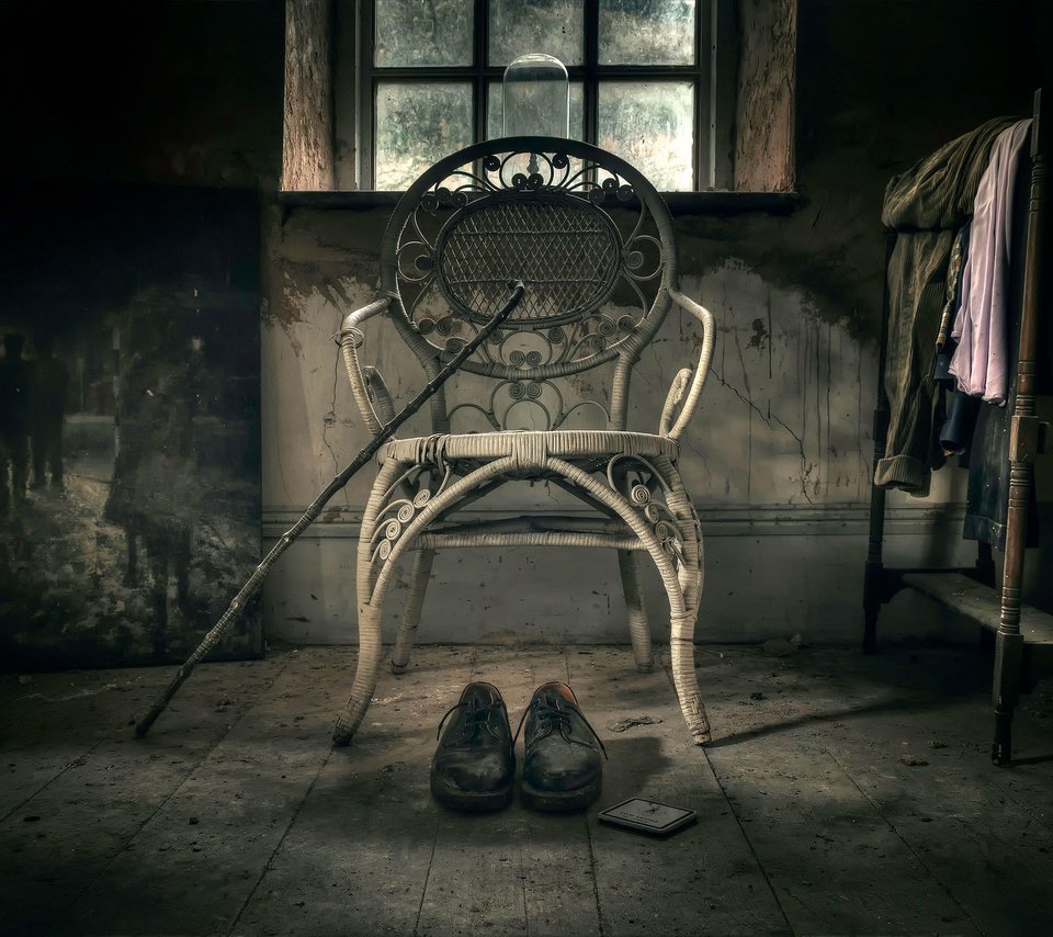 Обои картина, стул, ботинки, трость, solitude, picture, chair, shoes, cane разрешение 2048x1368 Загрузить