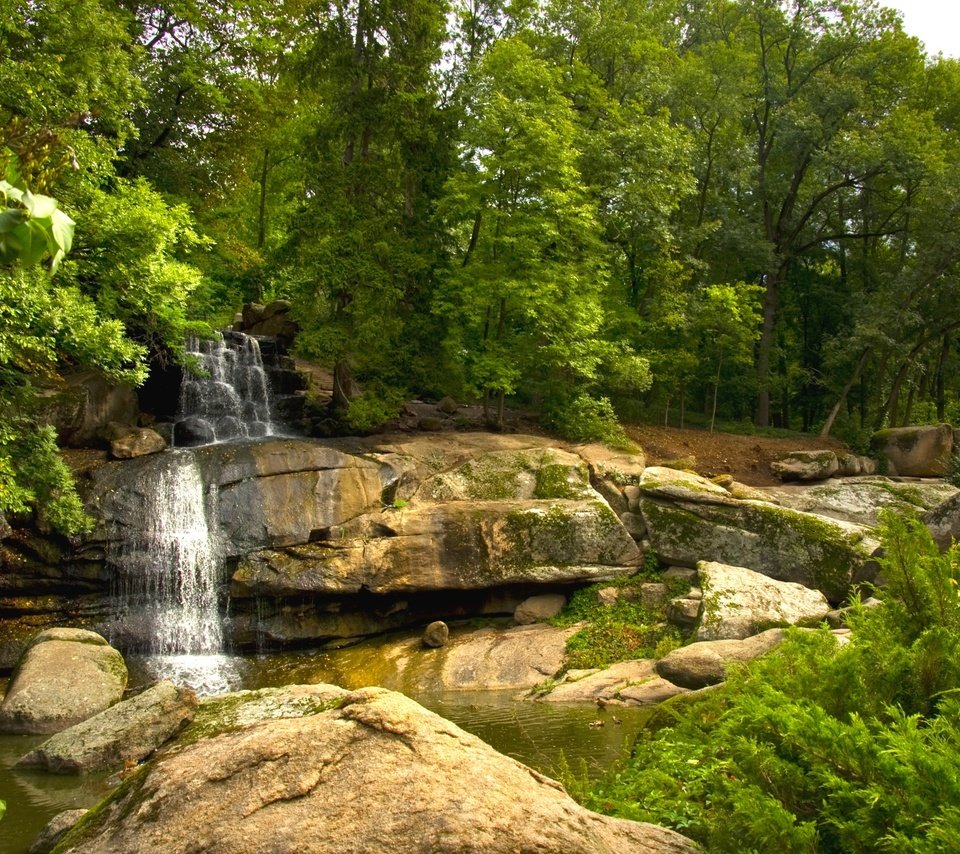 Обои деревья, вода, камни, парк, водопад, поток, trees, water, stones, park, waterfall, stream разрешение 2400x1565 Загрузить