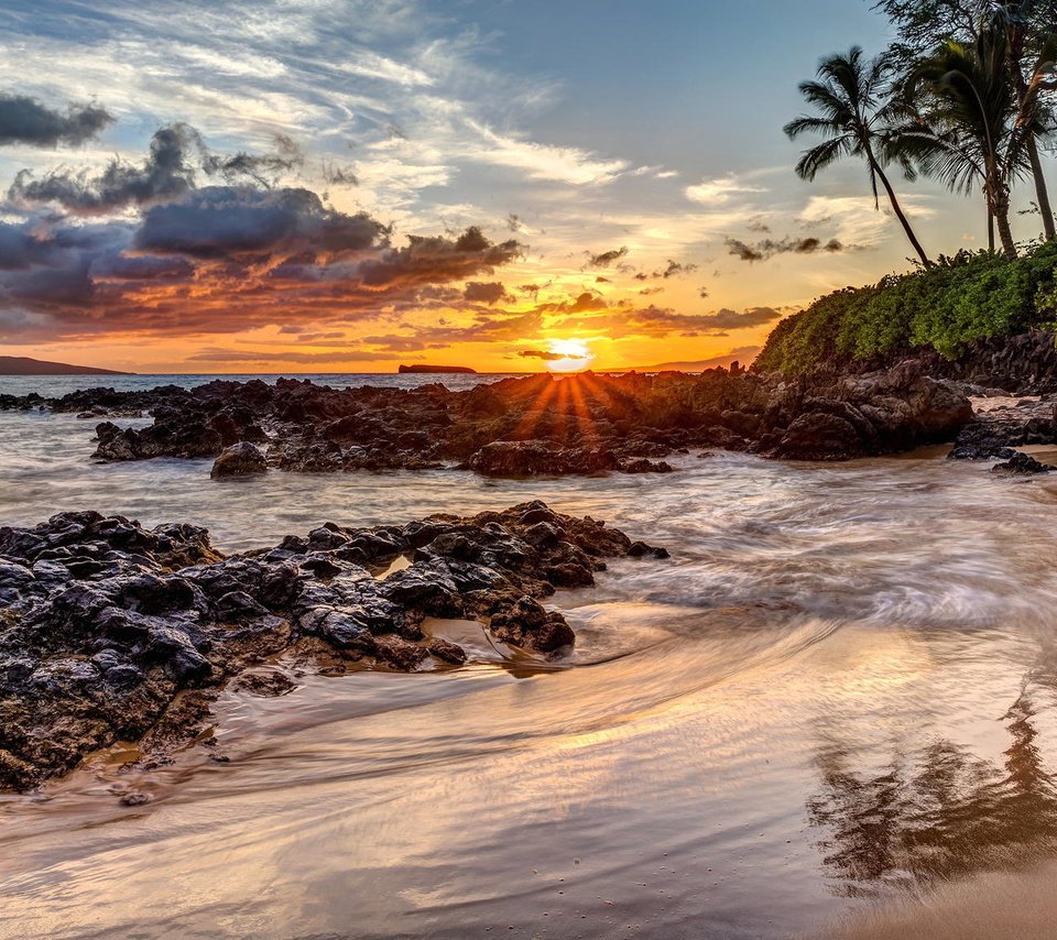 Обои природа, закат, пляж, пальмы, океан, nature, sunset, beach, palm trees, the ocean разрешение 2048x1152 Загрузить