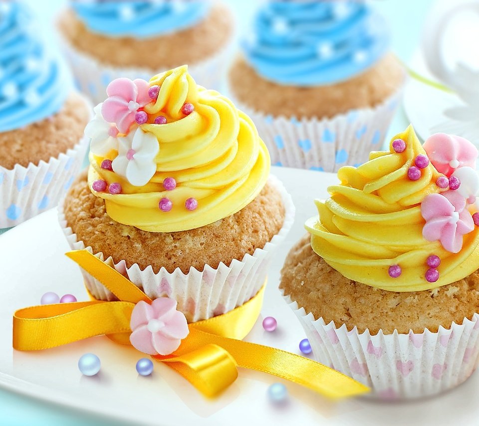 Обои цветы, сладкое, украшение, выпечка, бант, кексы, flowers, sweet, decoration, cakes, bow, cupcakes разрешение 1920x1080 Загрузить