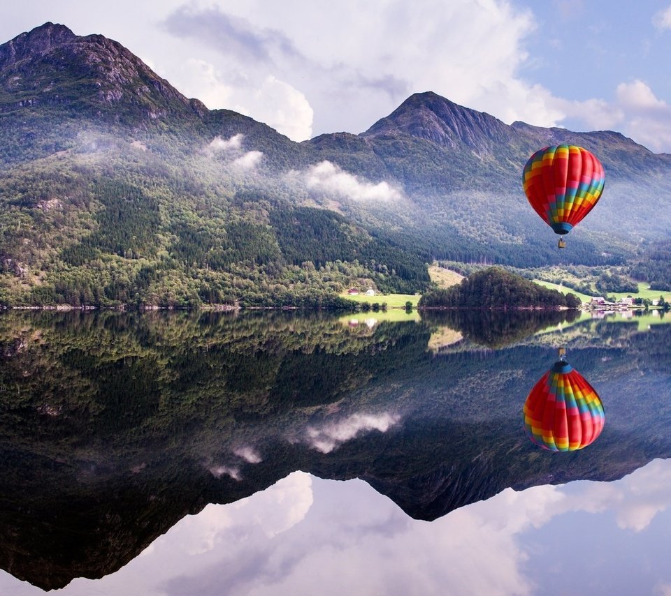 Обои озеро, природа, отражение, пейзаж, воздушный шар, lake, nature, reflection, landscape, balloon разрешение 1920x1080 Загрузить