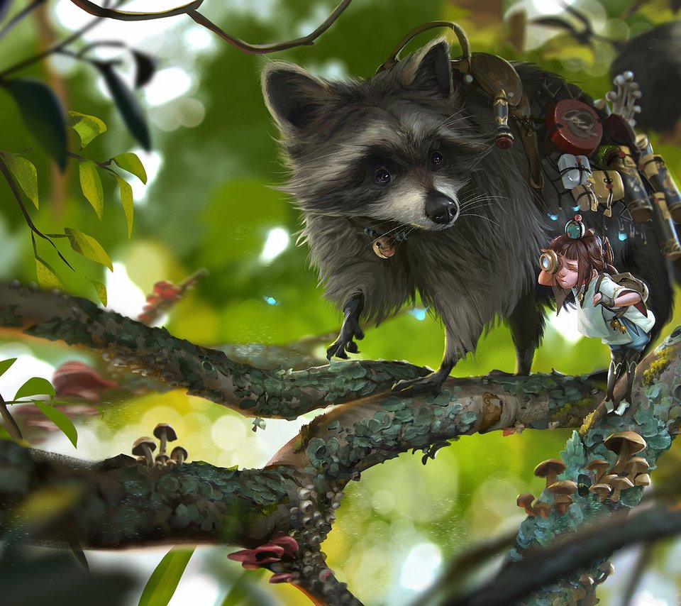 Обои ветки, девочка, енот, rudy siswanto, shipper, branches, girl, raccoon разрешение 1920x1122 Загрузить