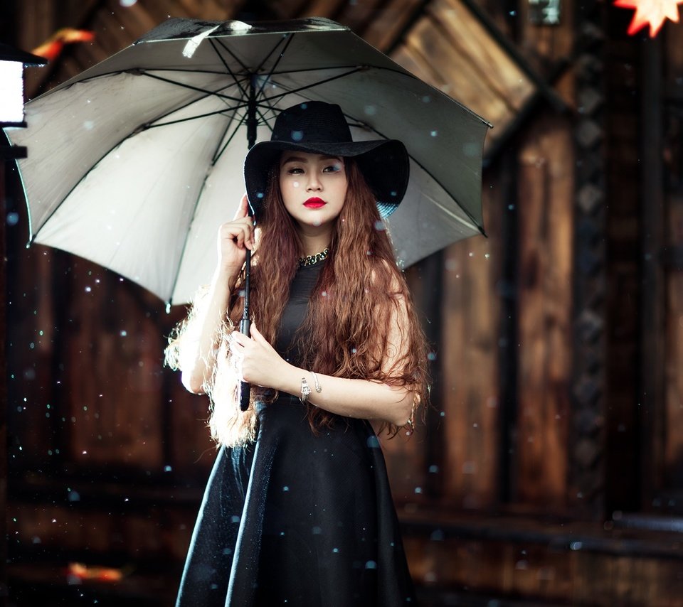 Обои девушка, зонт, шляпа, азиатка, girl, umbrella, hat, asian разрешение 2048x1270 Загрузить