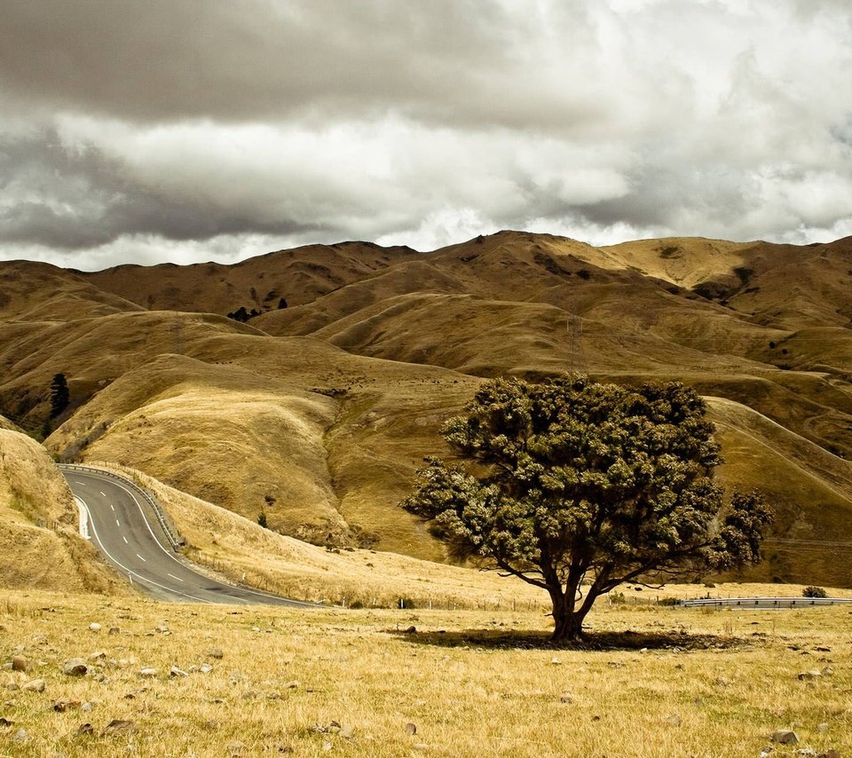 Обои небо, дорога, холмы, дерево, пейзаж, осень, the sky, road, hills, tree, landscape, autumn разрешение 2880x1800 Загрузить