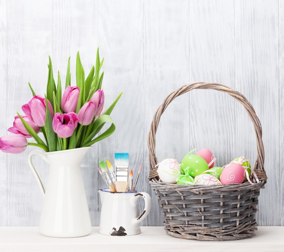 Обои цветы, зеленые пасхальные, довольная, тюльпаны, яйца крашеные, пасха, розовые тюльпаны, тульпаны,  цветы, глазунья, декорация, весенние, пинк, flowers, happy, tulips, the painted eggs, easter, pink tulips, eggs, decoration, spring, pink разрешение 5240x3696 Загрузить