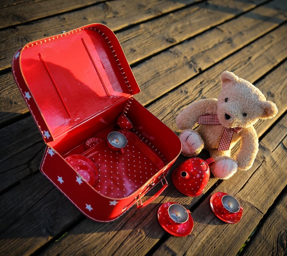 Обои мишка, доски, игра, игрушки, посуда, плюшевый, чемодан, bear, board, the game, toys, dishes, plush, suitcase разрешение 2048x1365 Загрузить