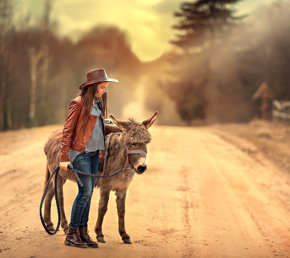 Обои дорога, девушка, джинсы, волосы, шляпа, кожанка, ослик, road, girl, jeans, hair, hat, kozhanka, donkey разрешение 2200x1469 Загрузить