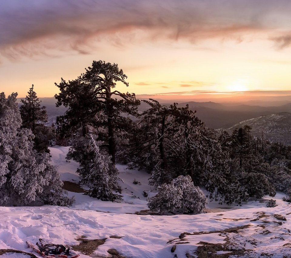 Обои деревья, горы, снег, лес, закат, зима, trees, mountains, snow, forest, sunset, winter разрешение 1920x1100 Загрузить