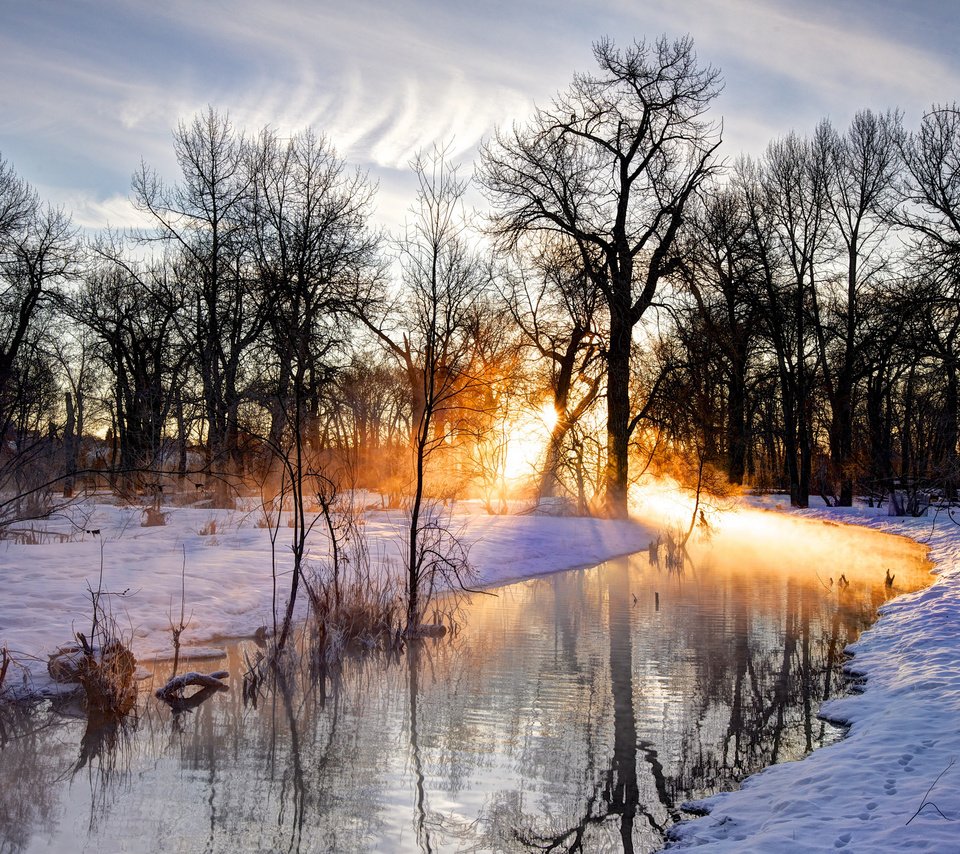 Обои деревья, река, закат, зима, пейзаж, trees, river, sunset, winter, landscape разрешение 2048x1365 Загрузить